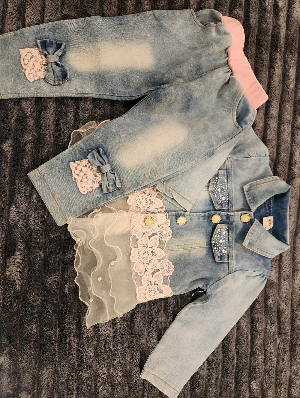 Girls' Light Blue Denim Jeans &  Jacket with Pink Lace & Bow Accents